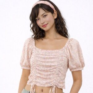 SO Pink Floral Ruched Square-Neck Crop Top